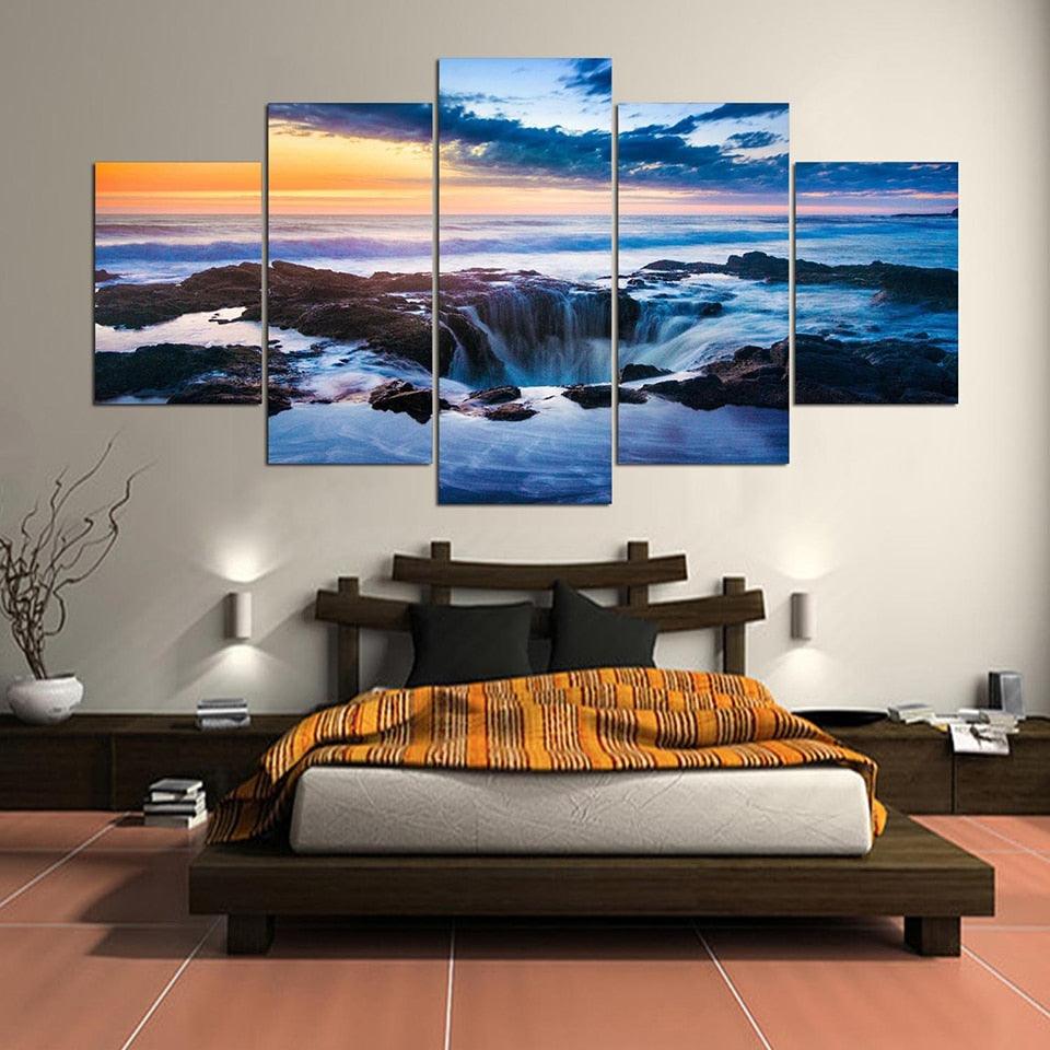 Waterfall Sunrise Scenery 5 Piece HD Multi Panel Canvas Wall Art Frame - Original Frame