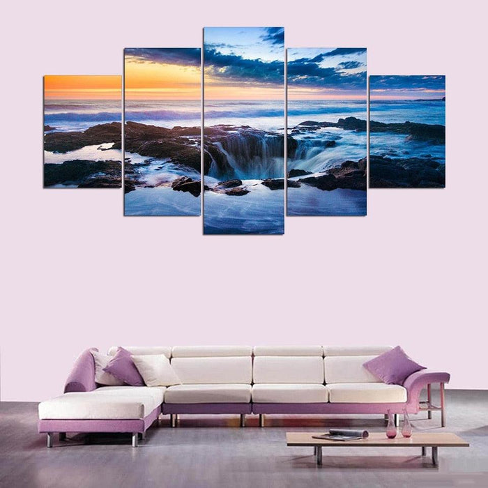 Waterfall Sunrise Scenery 5 Piece HD Multi Panel Canvas Wall Art Frame - Original Frame