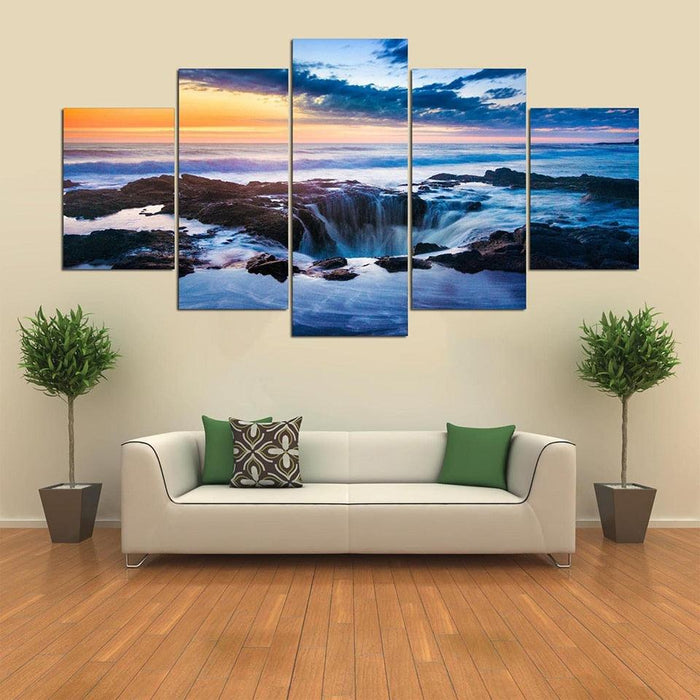 Waterfall Sunrise Scenery 5 Piece HD Multi Panel Canvas Wall Art Frame - Original Frame