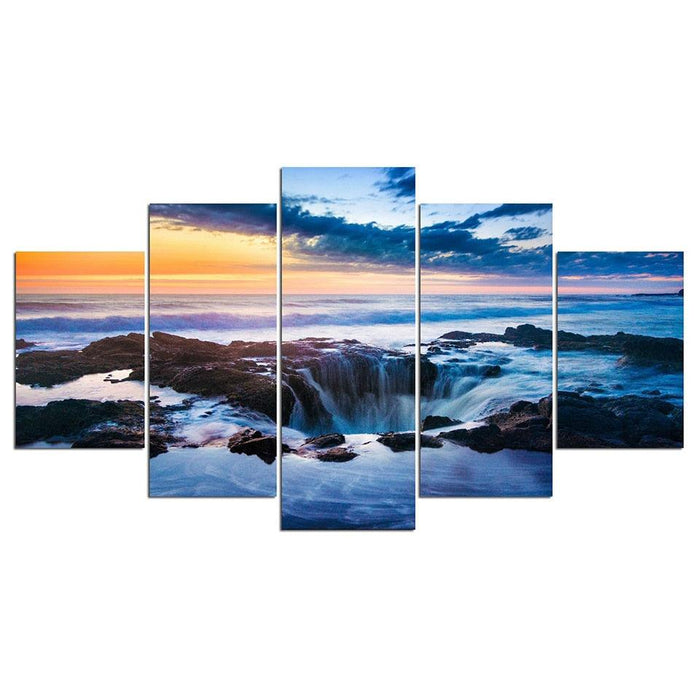 Waterfall Sunrise Scenery 5 Piece HD Multi Panel Canvas Wall Art Frame - Original Frame