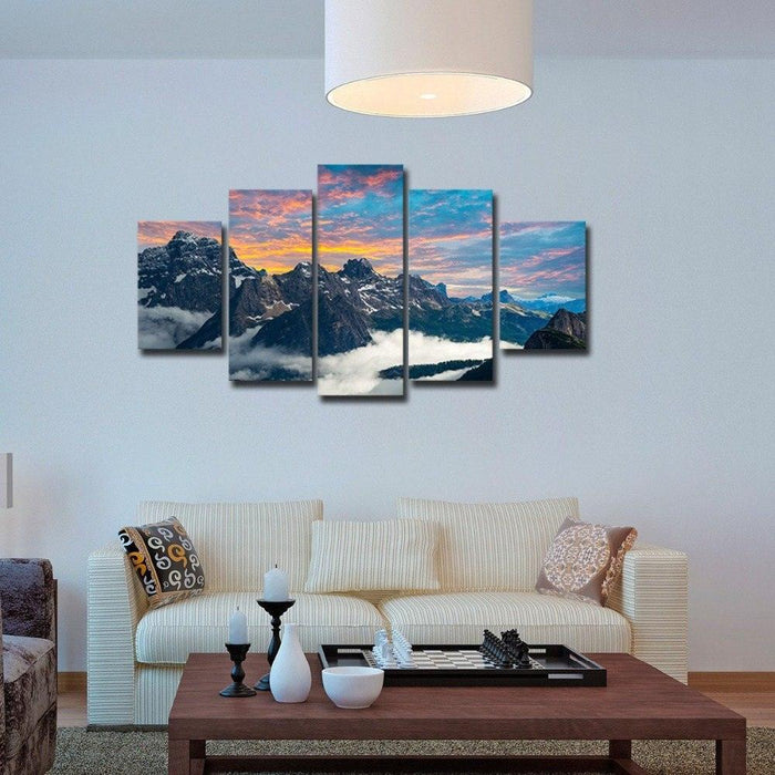 Fog Mountains Scenery 5 Piece HD Multi Panel Canvas Wall Art Frame - Original Frame