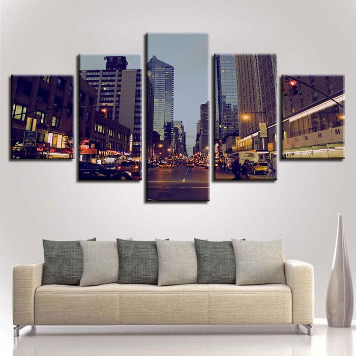 City at Night 5 Piece HD Multi Panel Canvas Wall Art Frame - Original Frame