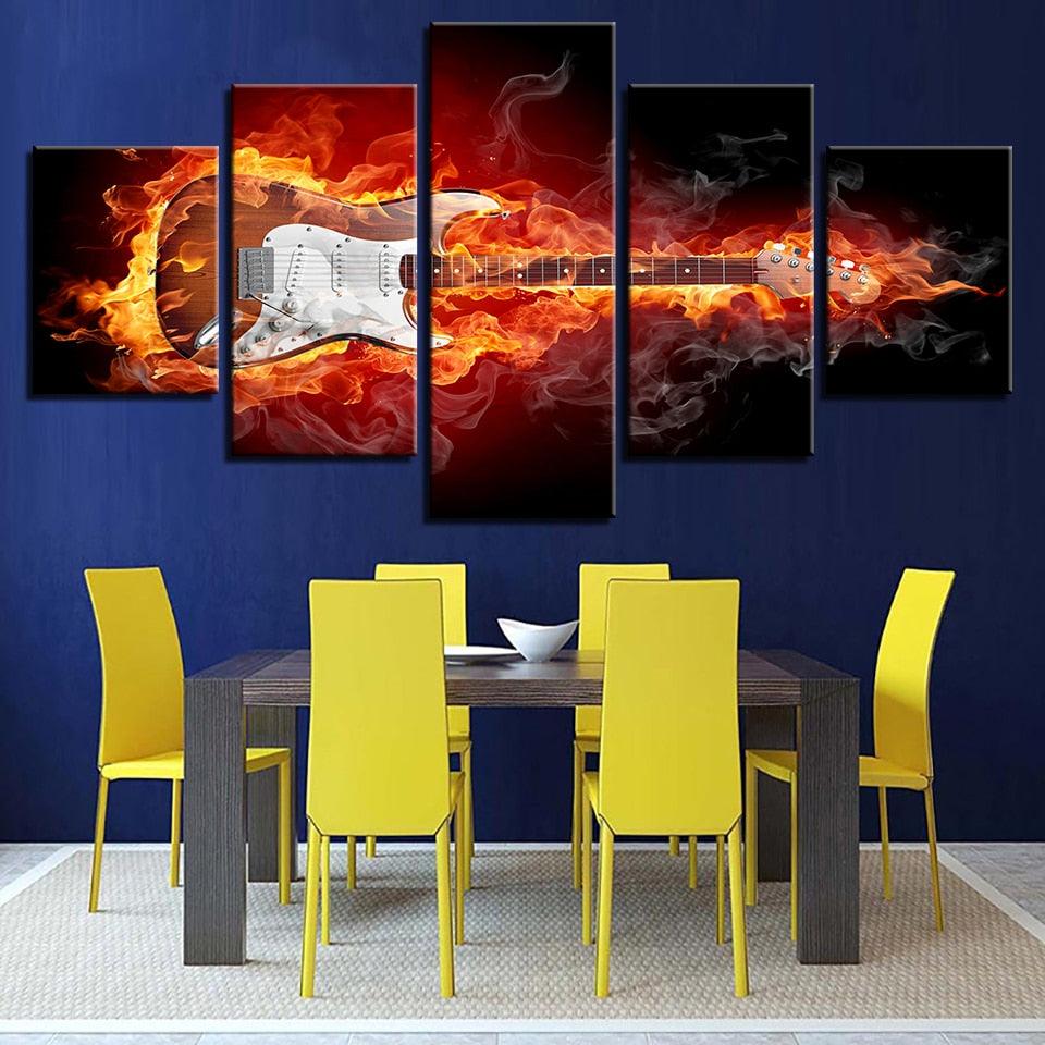 Burning Guitar 5 Piece HD Multi Panel Canvas Wall Art Frame - Original Frame