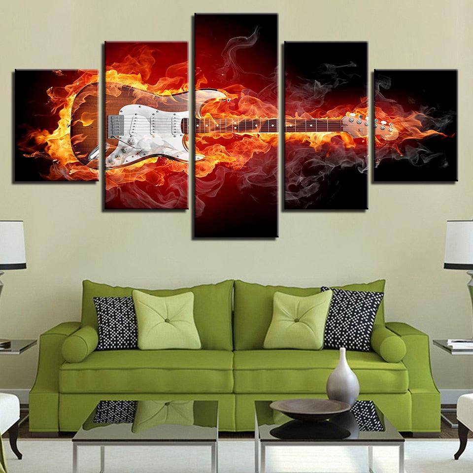 Burning Guitar 5 Piece HD Multi Panel Canvas Wall Art Frame - Original Frame