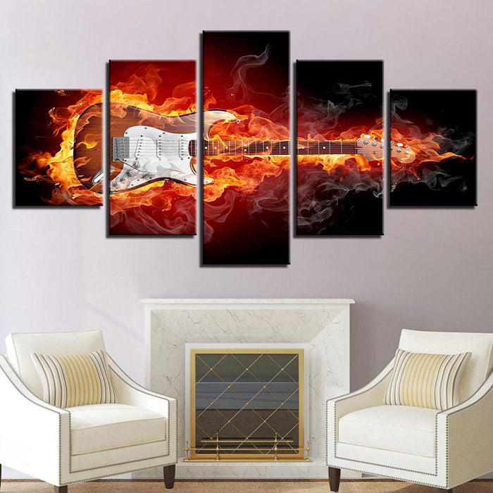 Burning Guitar 5 Piece HD Multi Panel Canvas Wall Art Frame - Original Frame