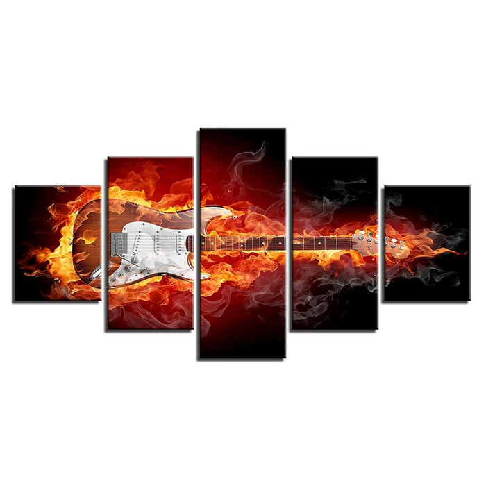 Burning Guitar 5 Piece HD Multi Panel Canvas Wall Art Frame - Original Frame