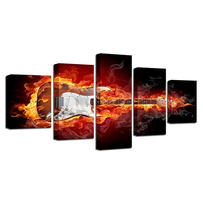 Burning Guitar 5 Piece HD Multi Panel Canvas Wall Art Frame - Original Frame