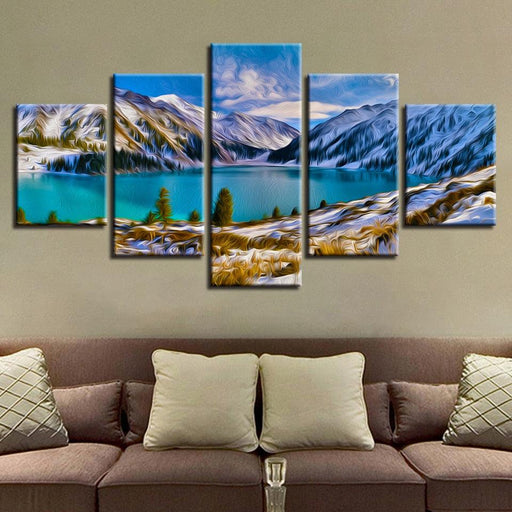 Mountain & Lake 5 Piece HD Multi Panel Canvas Wall Art Frame - Original Frame