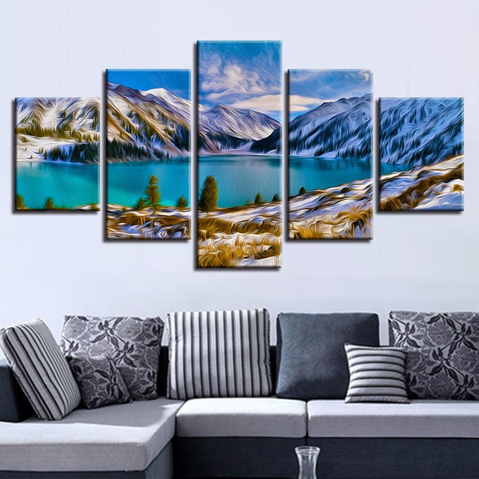 Mountain & Lake 5 Piece HD Multi Panel Canvas Wall Art Frame - Original Frame