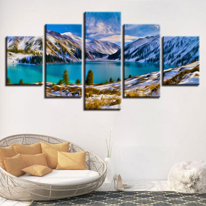 Mountain & Lake 5 Piece HD Multi Panel Canvas Wall Art Frame