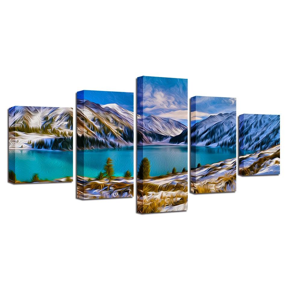 Mountain & Lake 5 Piece HD Multi Panel Canvas Wall Art Frame - Original Frame