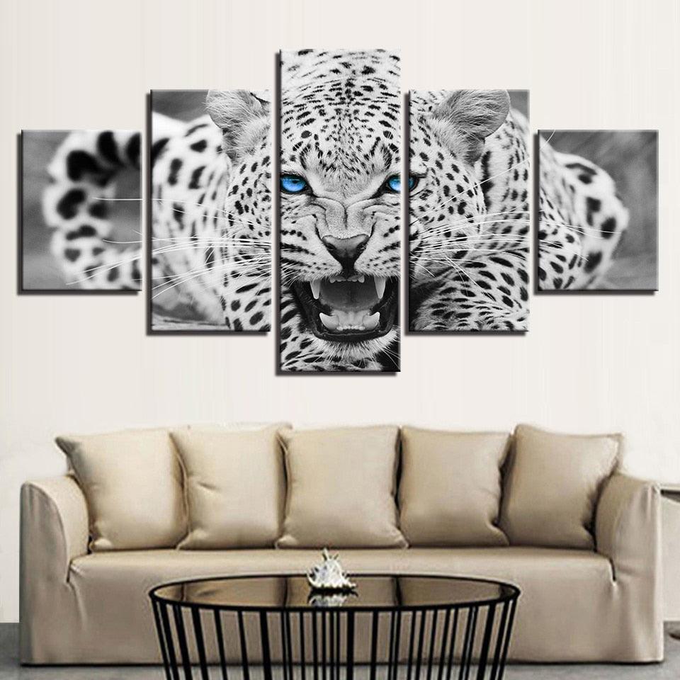 Blue Eyes Leopard 5 Piece HD Multi Panel Canvas Wall Art Frame - Original Frame