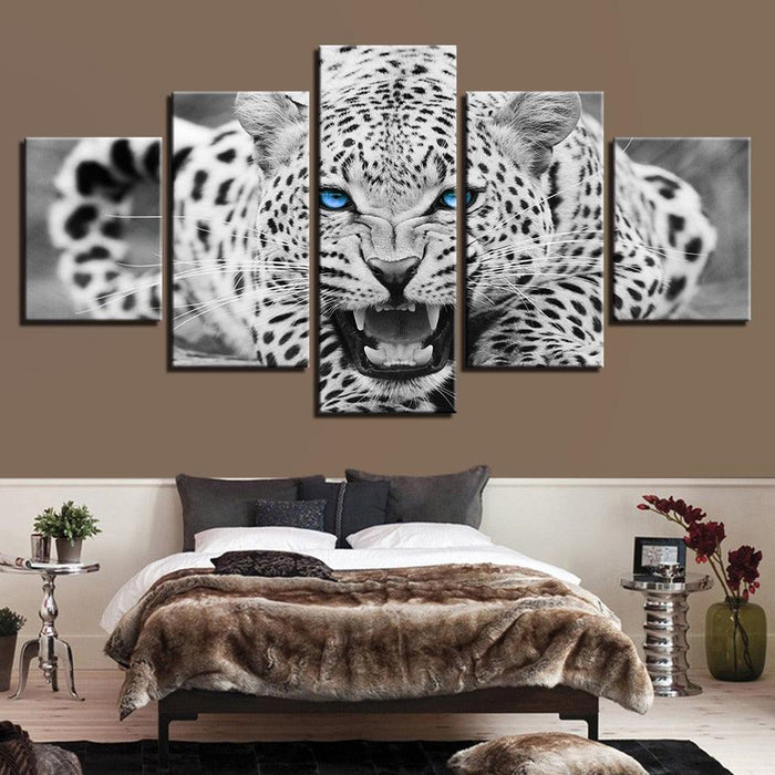 Blue Eyes Leopard 5 Piece HD Multi Panel Canvas Wall Art Frame - Original Frame