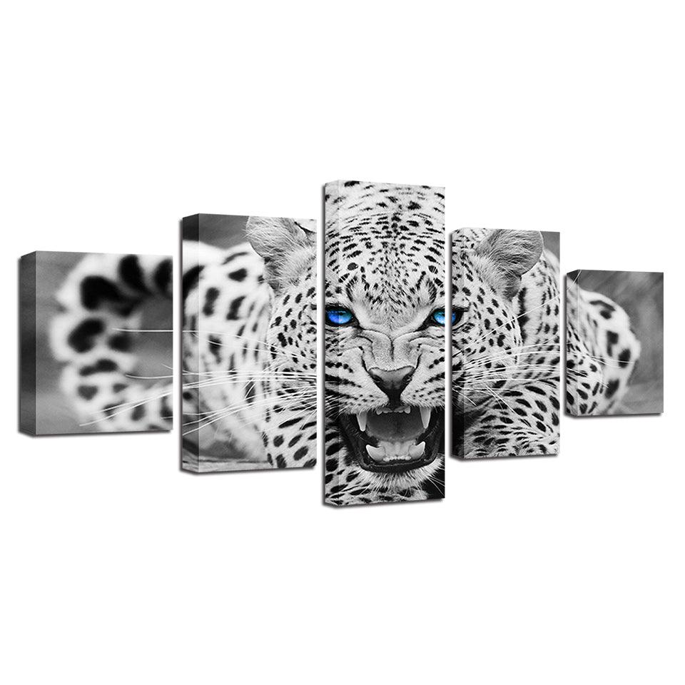 Blue Eyes Leopard 5 Piece HD Multi Panel Canvas Wall Art Frame - Original Frame