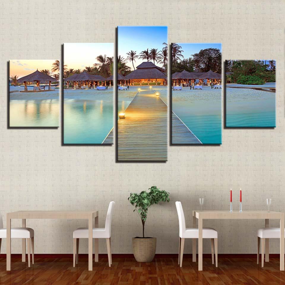 Maldives Resort 5 Piece HD Multi Panel Canvas Wall Art Frame - Original Frame