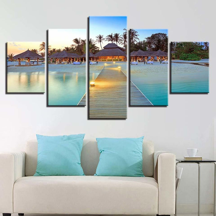 Maldives Resort 5 Piece HD Multi Panel Canvas Wall Art Frame