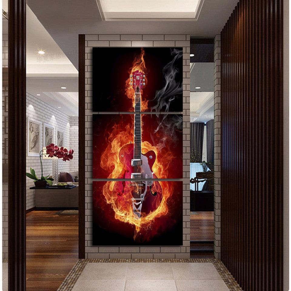 Flaming Electric Guitar 3 Piece HD Multi Panel Canvas Wall Art Frame - Original Frame