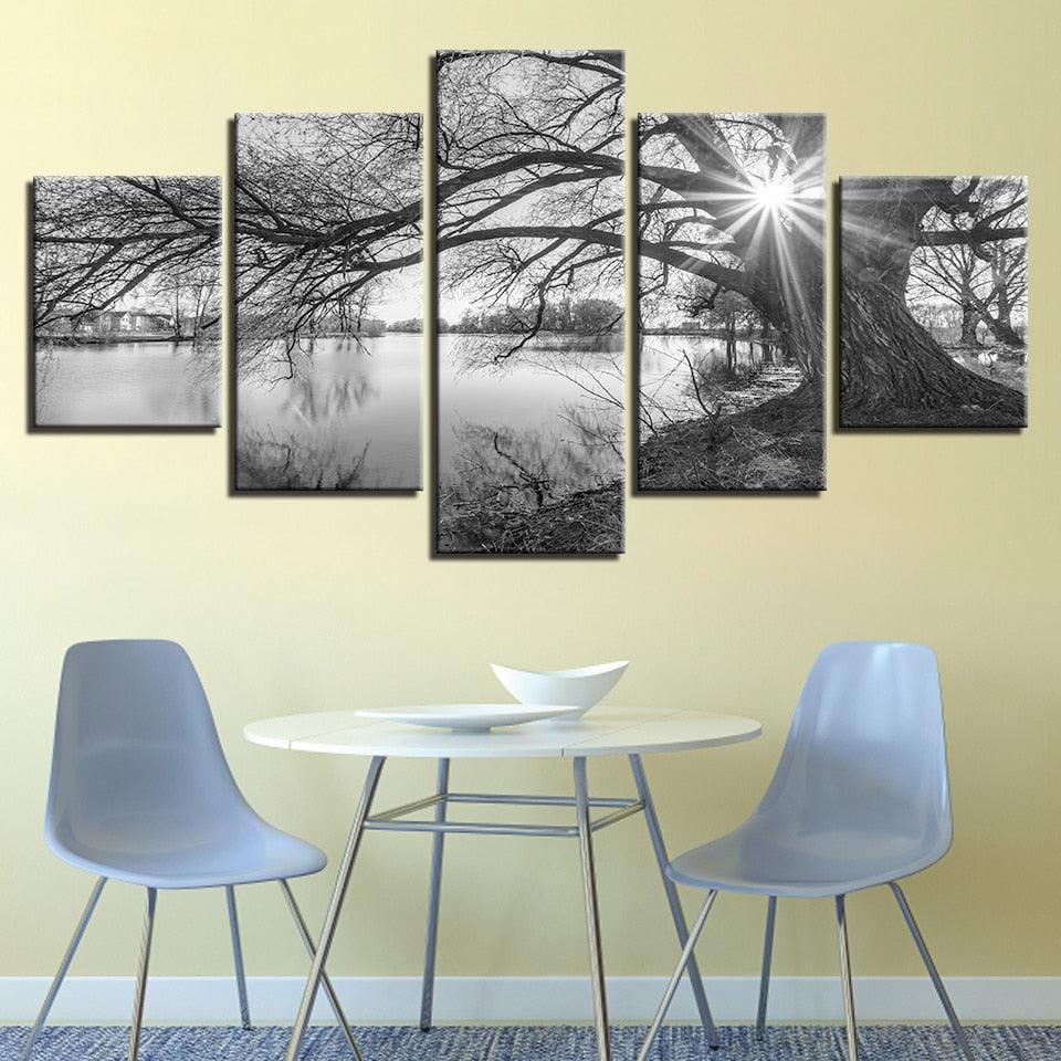 Lakeside Big Trees 5 Piece HD Multi Panel Canvas Wall Art Frame - Original Frame