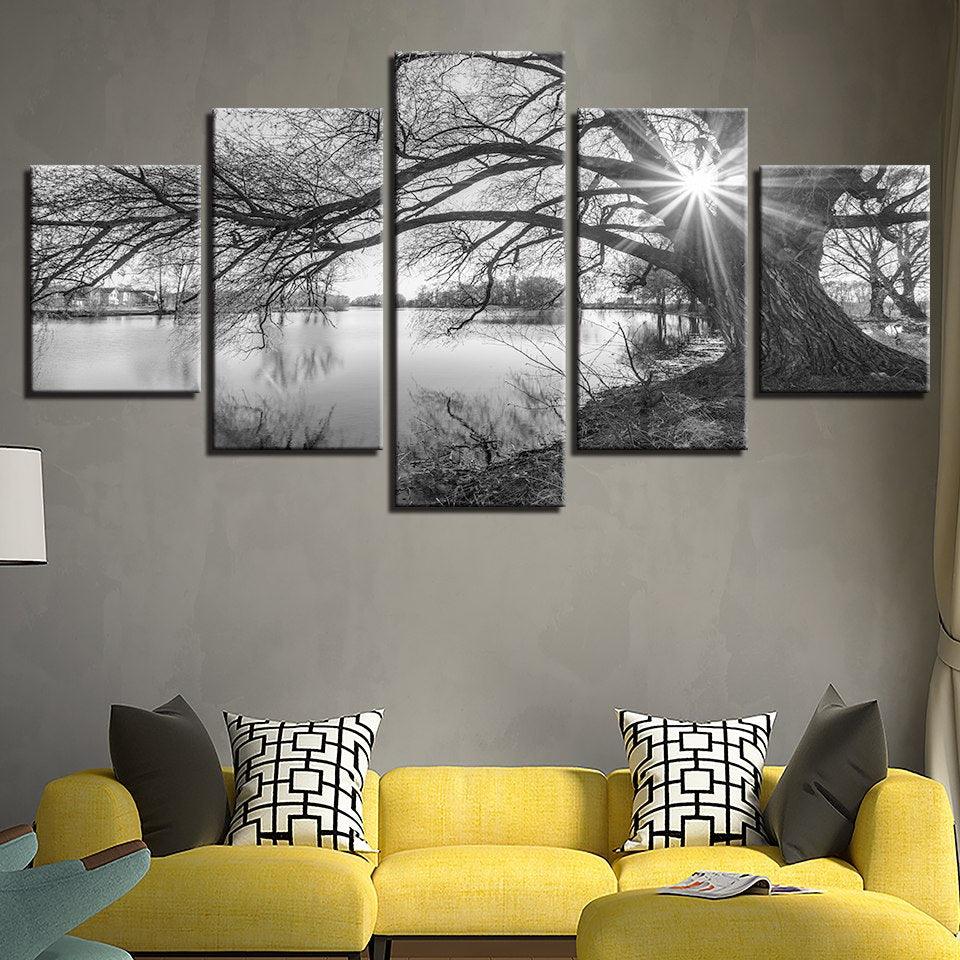 Lakeside Big Trees 5 Piece HD Multi Panel Canvas Wall Art Frame - Original Frame