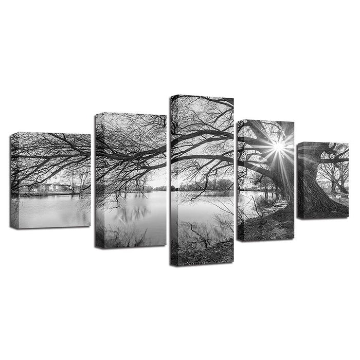 Lakeside Big Trees 5 Piece HD Multi Panel Canvas Wall Art Frame - Original Frame