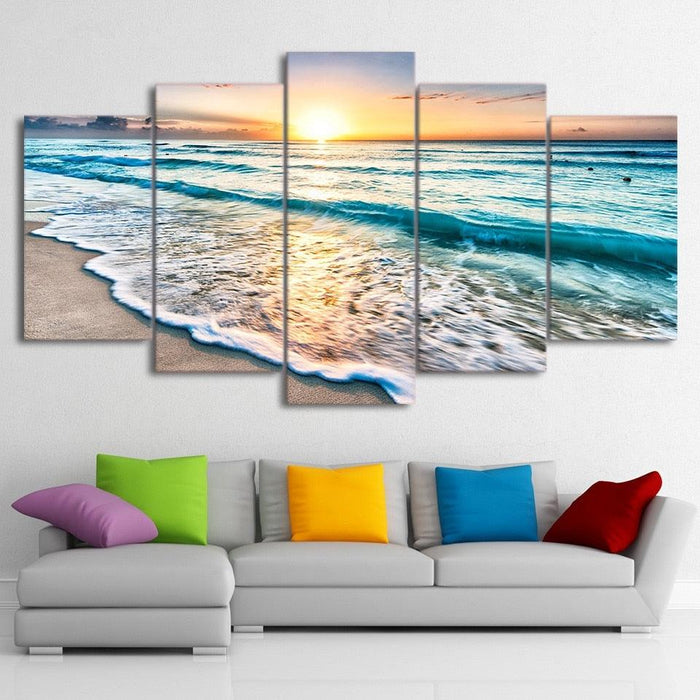 Sunset Beach 5 Piece HD Multi Panel Canvas Wall Art Frame - Original Frame