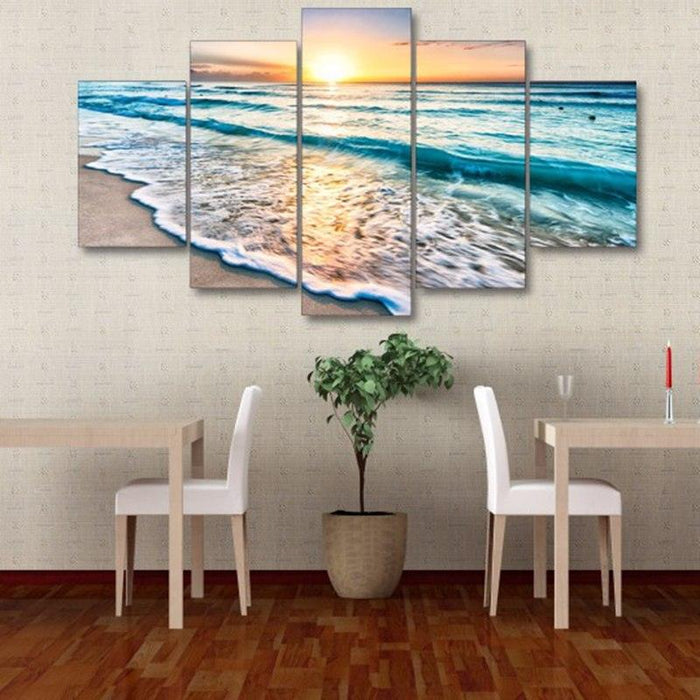 Sunset Beach 5 Piece HD Multi Panel Canvas Wall Art Frame | Coastal Beach Sunset Decor