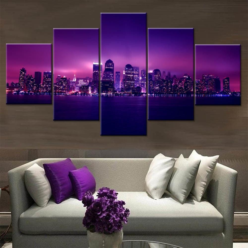 Purple Light City 5 Piece HD Multi Panel Canvas Wall Art - Original Frame