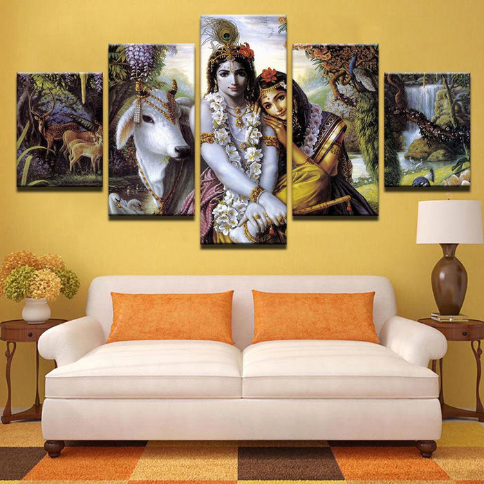 India Krishna Radha 5 Piece HD Multi Panel Canvas Wall Art Frame - Original Frame