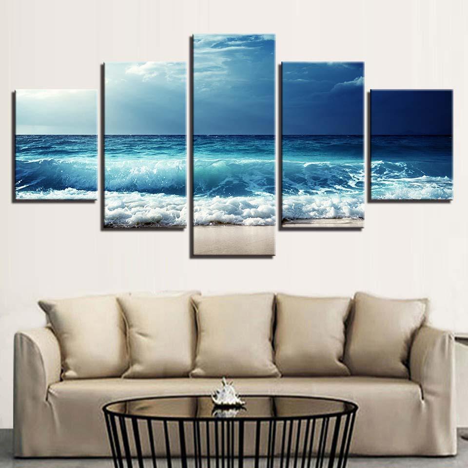 Blue Waves Before The Storm 5 Piece HD Multi Panel Canvas Wall Art Frame - Original Frame