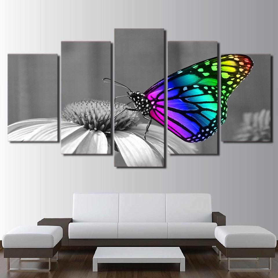 Butterfly Flowers 5 Piece HD Multi Panel Canvas Wall Art Frame - Original Frame
