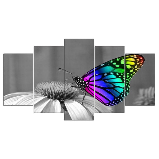 Butterfly Flowers 5 Piece HD Multi Panel Canvas Wall Art Frame - Original Frame