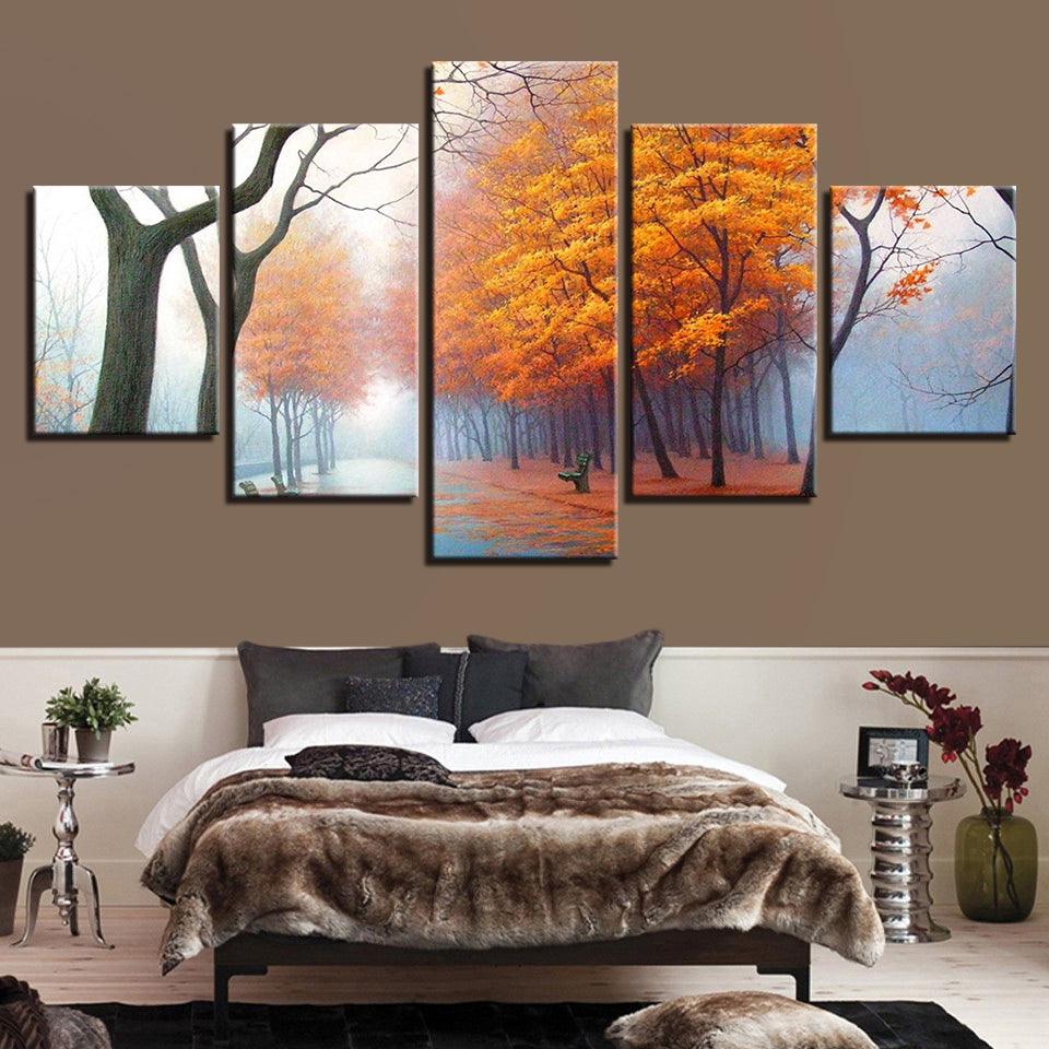 Misty Woods In Autumn Mornings 5 Piece HD Multi Panel Canvas Wall Art Frame - Original Frame