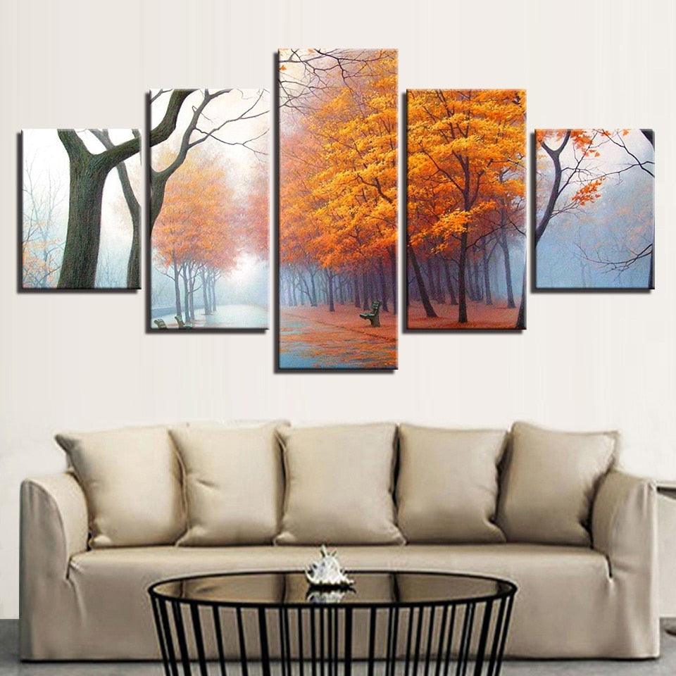 Misty Woods In Autumn Mornings 5 Piece HD Multi Panel Canvas Wall Art Frame - Original Frame