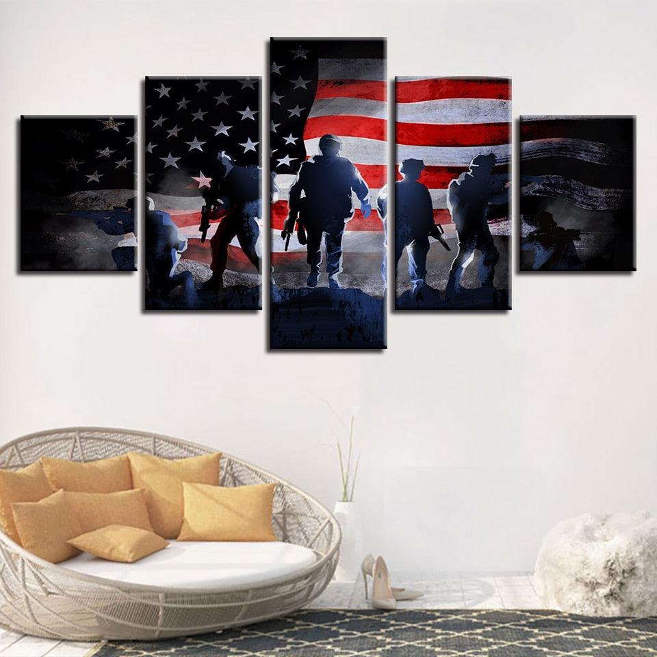 American Flag & Soldiers 5 Piece HD Multi Panel Canvas Wall Art Frame - Original Frame
