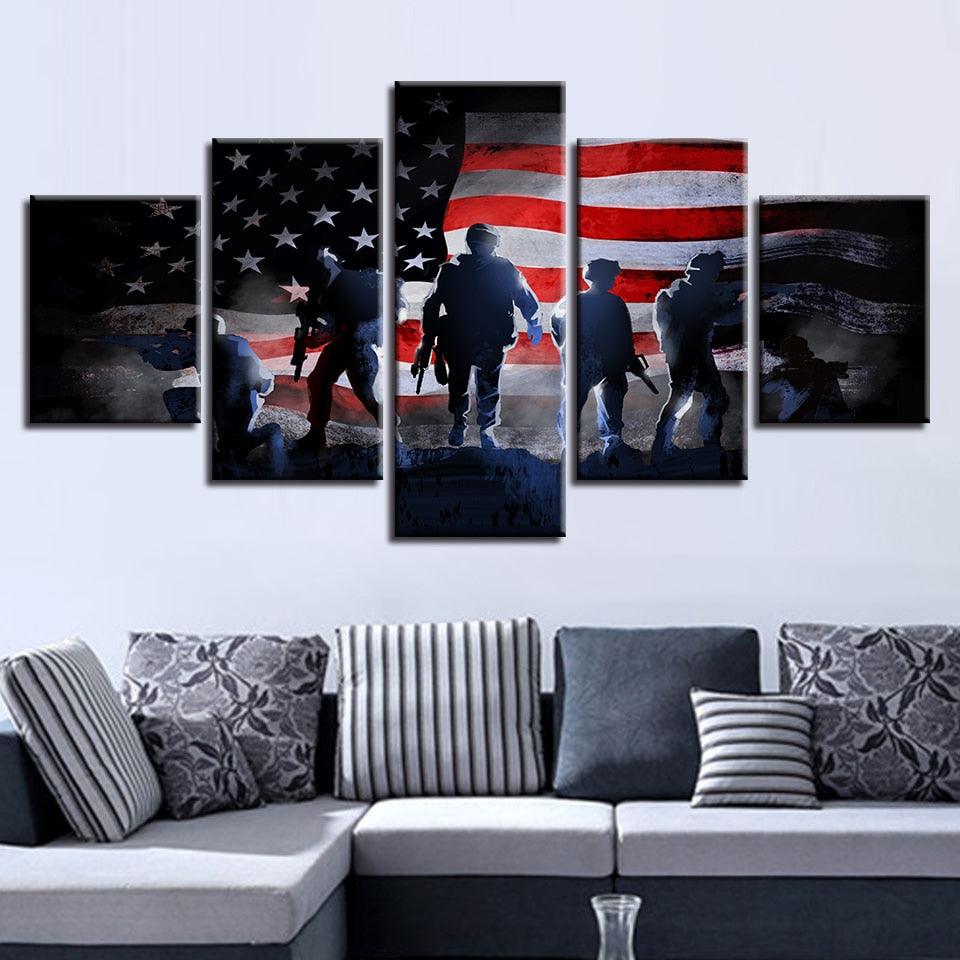 American Flag & Soldiers 5 Piece HD Multi Panel Canvas Wall Art Frame - Original Frame