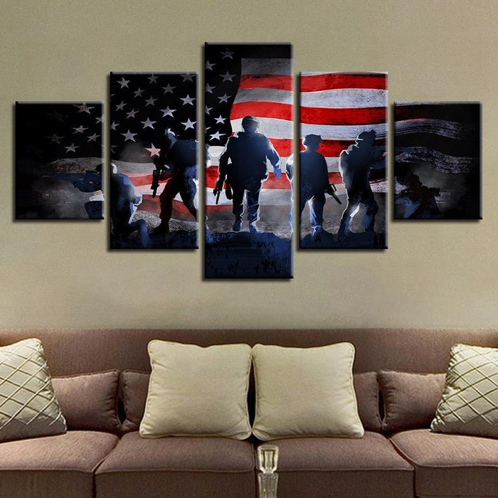 American Flag & Soldiers 5 Piece HD Multi Panel Canvas Wall Art Frame - Original Frame