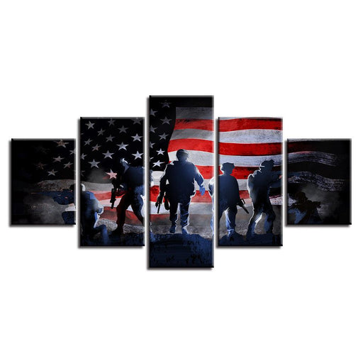 American Flag & Soldiers 5 Piece HD Multi Panel Canvas Wall Art Frame - Original Frame