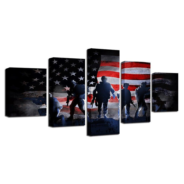 American Flag & Soldiers 5 Piece HD Multi Panel Canvas Wall Art Frame - Original Frame