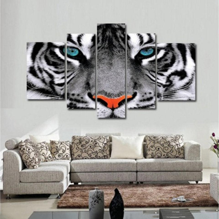 White Tiger Eyes 5 Piece HD Multi Panel Canvas Wall Art Frame