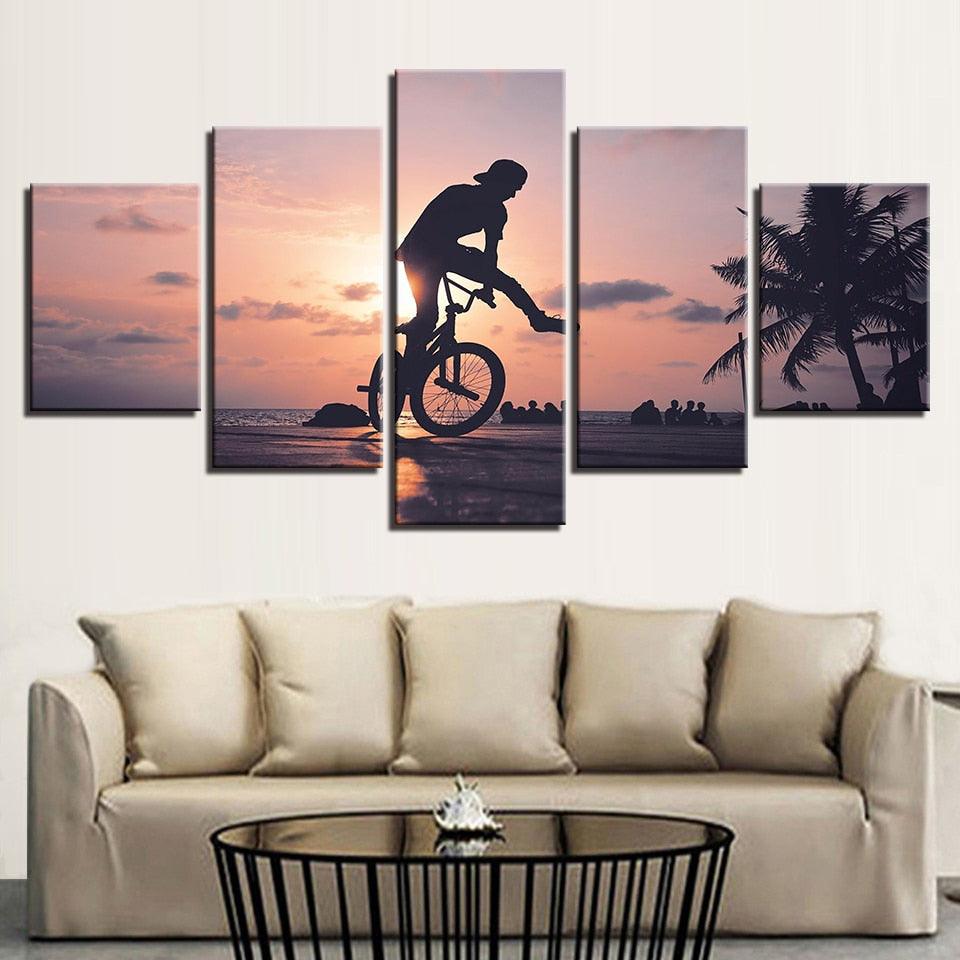 Sunset Bike Boy 5 Piece HD Multi Panel Canvas Wall Art Frame - Original Frame