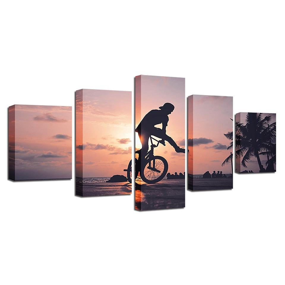Sunset Bike Boy 5 Piece HD Multi Panel Canvas Wall Art Frame - Original Frame