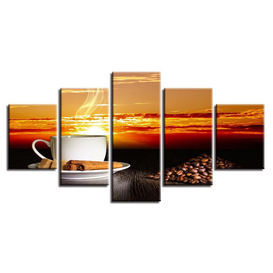 Sunset Coffee 5 Piece HD Multi Panel Canvas Wall Art Frame - Original Frame