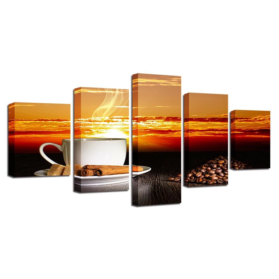 Sunset Coffee 5 Piece HD Multi Panel Canvas Wall Art Frame - Original Frame