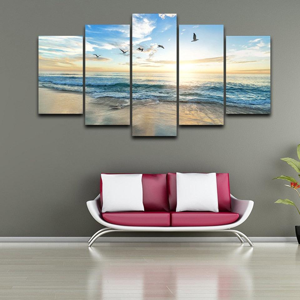 Seagulls on Beach 5 Piece HD Multi Panel Canvas Wall Art Frame - Original Frame