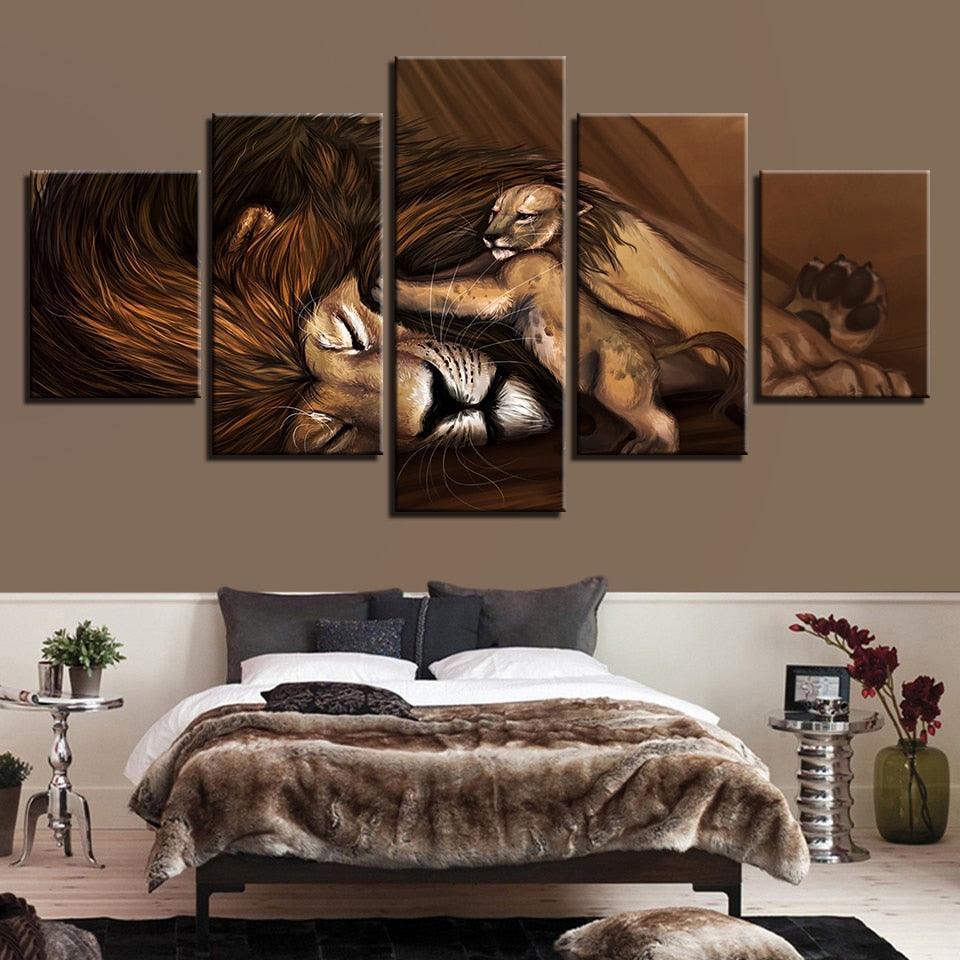 Lioness And Sweet Little Lion 5 Piece HD Multi Panel Canvas Wall Art Frame - Original Frame