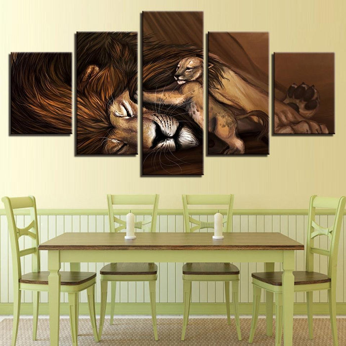 Lioness And Sweet Little Lion 5 Piece HD Multi Panel Canvas Wall Art Frame - Original Frame