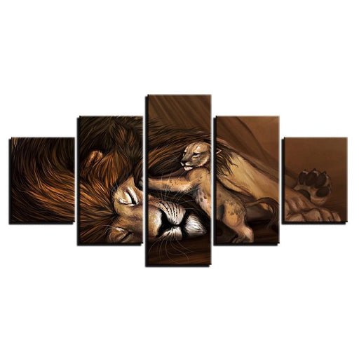 Lioness And Sweet Little Lion 5 Piece HD Multi Panel Canvas Wall Art Frame - Original Frame