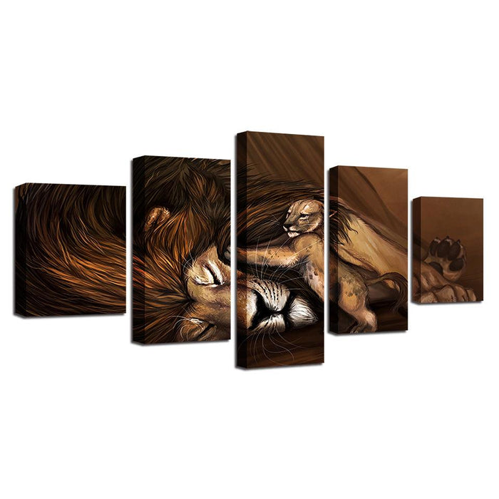 Lioness And Sweet Little Lion 5 Piece HD Multi Panel Canvas Wall Art Frame - Original Frame