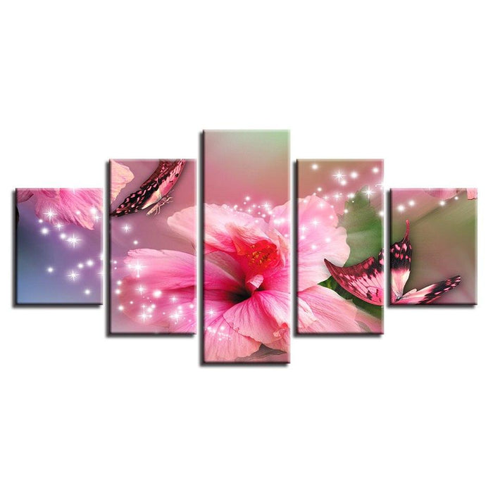 Pink Lilies And Butterflies 5 Piece HD Multi Panel Canvas Wall Art Frame