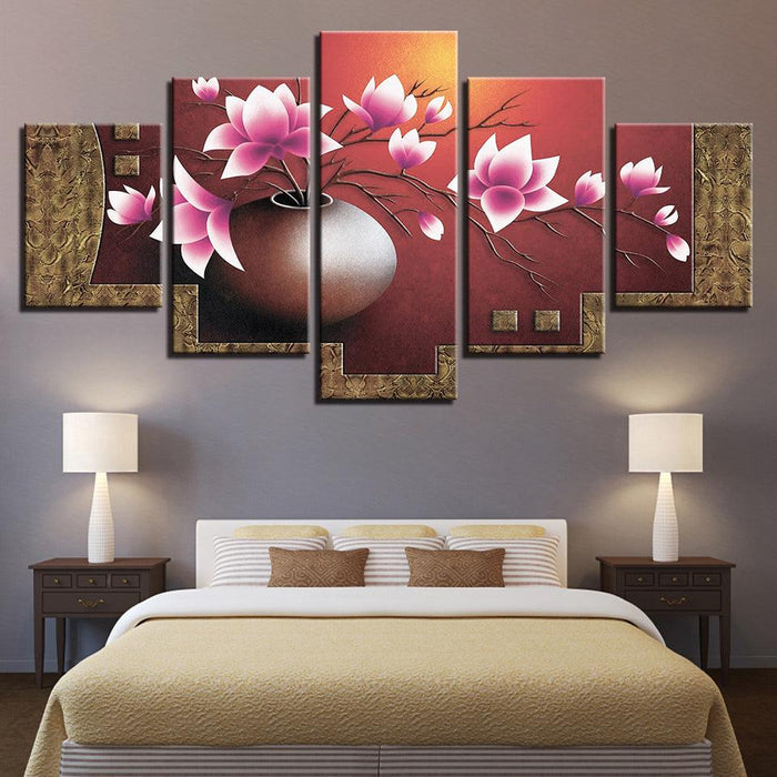 Magnolia Flowers Vase 5 Piece HD Multi Panel Canvas Wall Art Frame - Original Frame